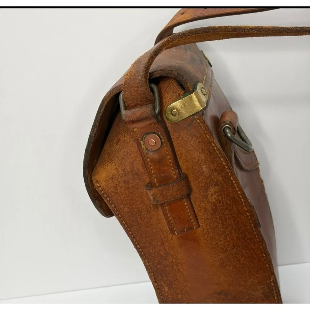 Vintage Brown Leather Military Field Bag Messenger Crossbody Buckle Strap